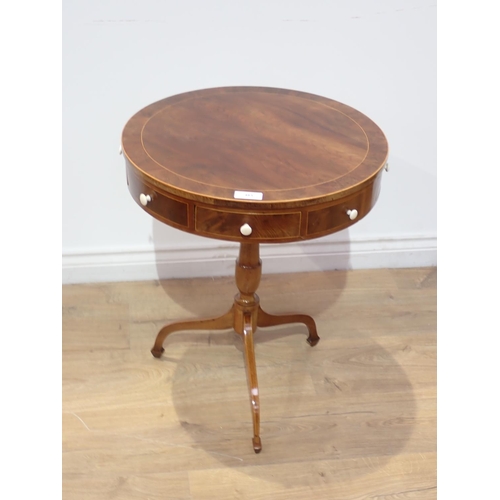 483 - A 19th Century inlaid mahogany Drum Table, the boxwood strung crossbanded circular top above four fr... 