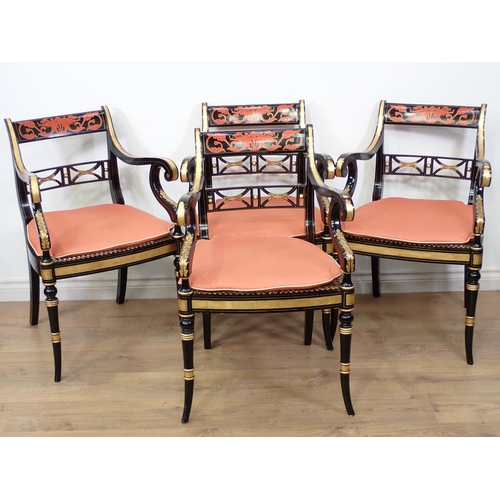 489 - A set of four decorated Regency style Armchairs, the pierced bar backs and swept scroll arms above c... 