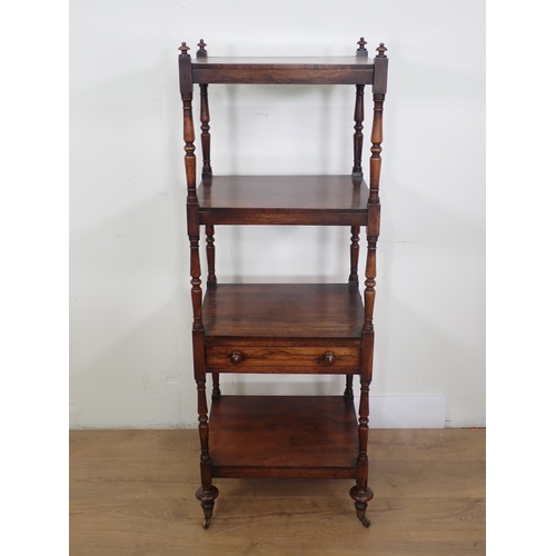 492 - An early Victorian rosewood four tier square Whatnot fitted drawer on turned supports and casters, 1... 