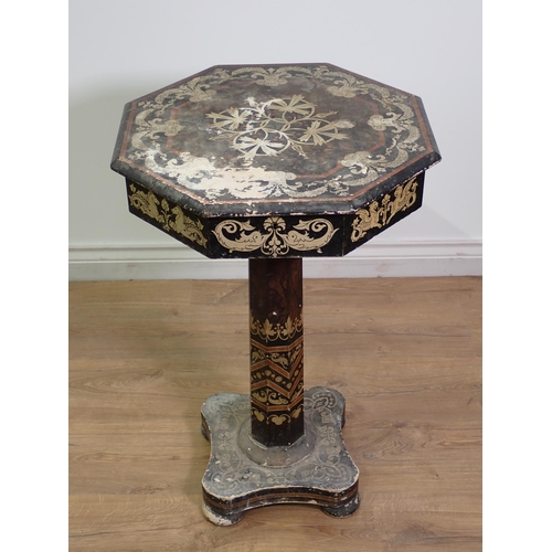 508 - A 19th Century Penwork type octagonal Work Table with hinged top and having designs of masks, flower... 