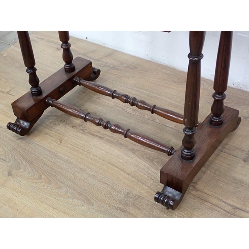 515 - A Victorian rosewood Work Table with inlaid chessboard top, sliding basket, raised on turned support... 