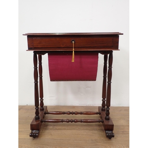 515 - A Victorian rosewood Work Table with inlaid chessboard top, sliding basket, raised on turned support... 