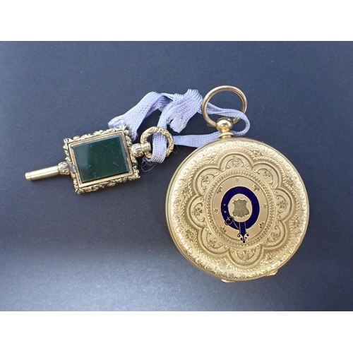 64 - A Continental 18ct gold cased open faced key wind Fob Watch the floral engraved dial with roman nume... 