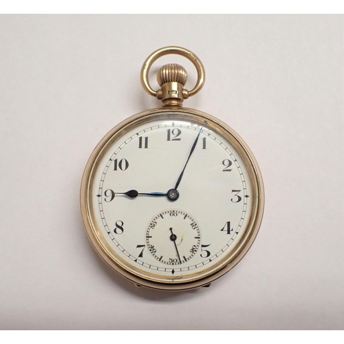 66 - A 9ct gold open faced Pocket Watch, the white enamel dial with Arabic numerals and subsidiary dial i... 