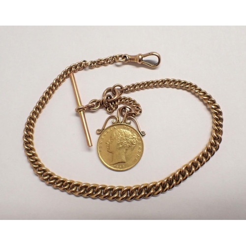 67 - A 9ct gold graduated Watch Albert with Victorian shield back Sovereign 1886 Fob, approx 33gms all in