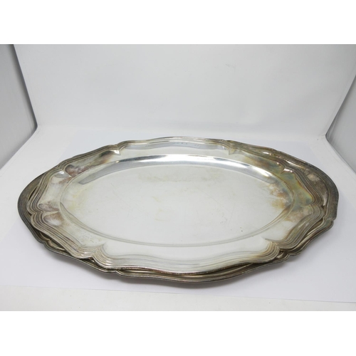 9 - A German silver shaped oval Salver, 19in, marked 800 Posen, and a similar plated Salver