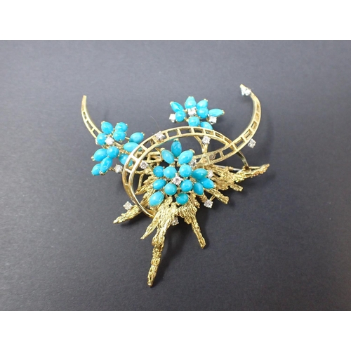 92 - A Turquoise and Diamond Spray Brooch claw-set turquoise cabochons to flowers with eight-cut diamonds... 