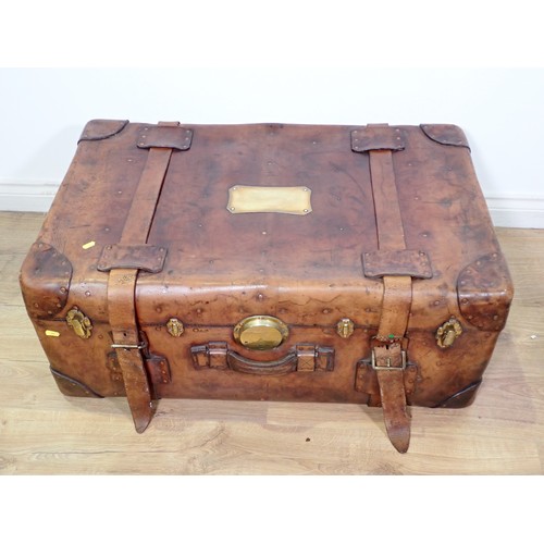 459 - A large heavy leather Travelling Trunk with brass fittings, 3ft W and a leather Suitcase with brass ... 