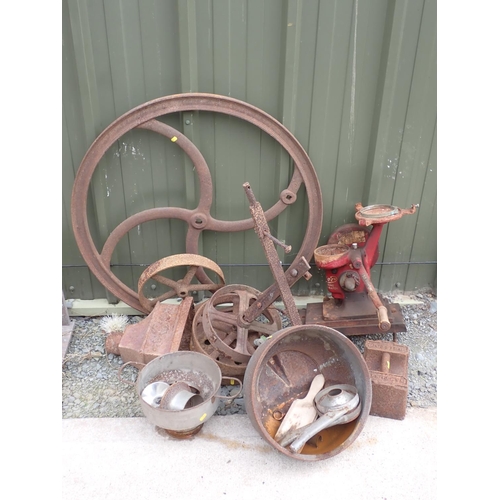 650 - Various cast iron Pulley Wheels, Drain Hopper, Weight, etc.