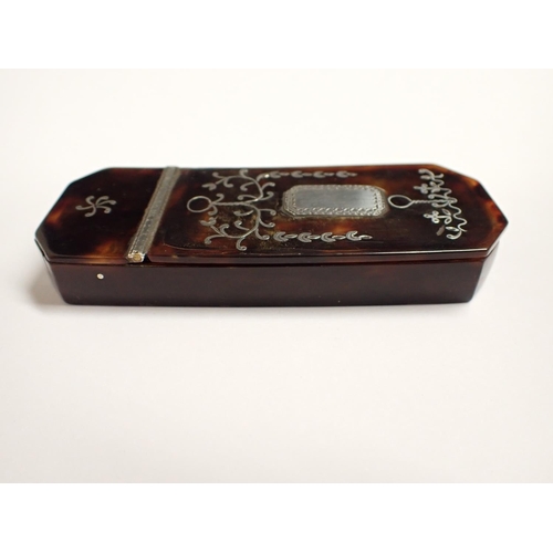 147 - An early 19th Century Tortoiseshell Snuff Box with silver piqué decoration, 3 1/2in long