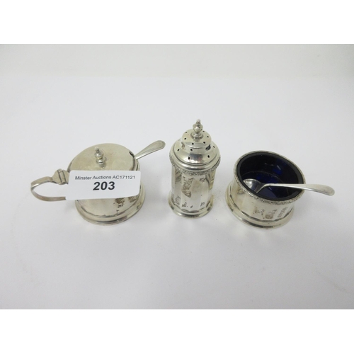 203 - A George V silver three piece circular Condiment Set, Birmingham 1932/4