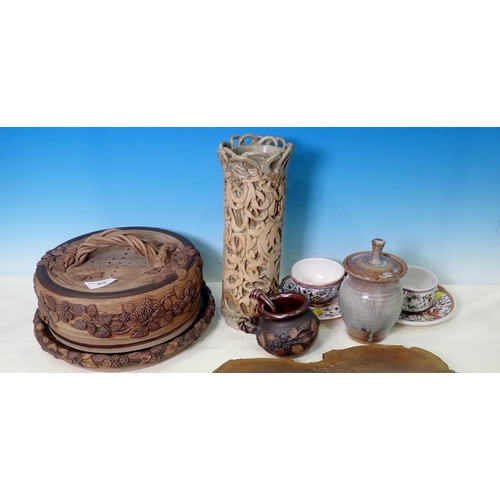 241 - Pottery Cheese Dish and Cover, Vase, lidded Pot, Honey Pot, Cups and Saucers, etc.