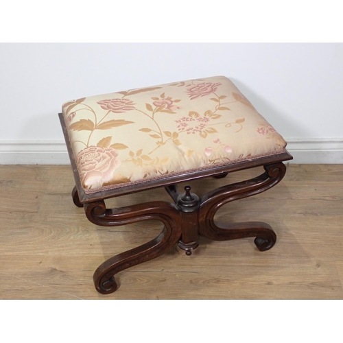 254 - A Victorian rosewood Footstool on scrolled x-framed supports and silk floral decorated seat 1ft 10in... 