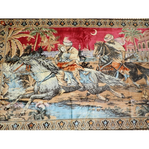 308 - A red ground Rug displaying Hunting Scene