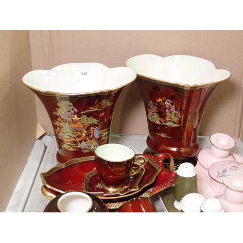 346 - A Crown Devon brown lustre Service, pink ceramic Dressing Table Set and Condiment Services