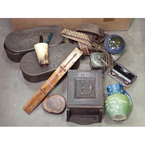 349 - Three boxes including Barometer, Mantle Clock, two Tins, small oak Cupboard, glass Light Shades, Tea... 