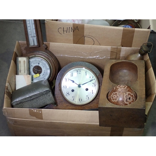 349 - Three boxes including Barometer, Mantle Clock, two Tins, small oak Cupboard, glass Light Shades, Tea... 