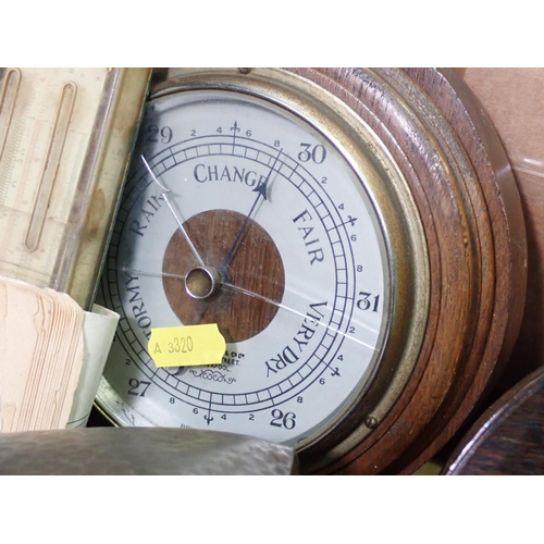 349 - Three boxes including Barometer, Mantle Clock, two Tins, small oak Cupboard, glass Light Shades, Tea... 