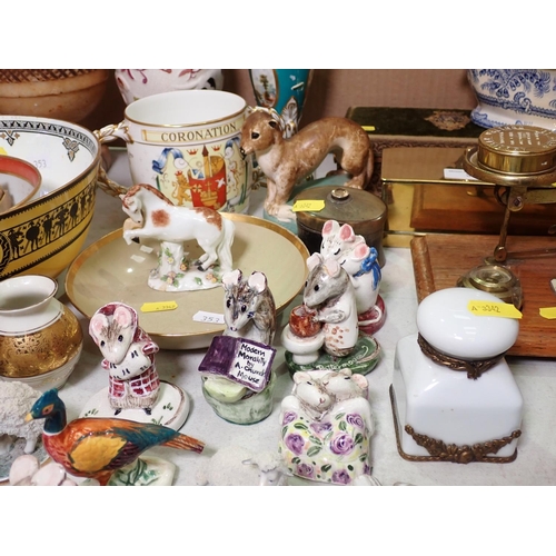 353 - A collection of ceramics including Staffordshire Sheep Figures, Mouse Figures, porcelain blue and gi... 