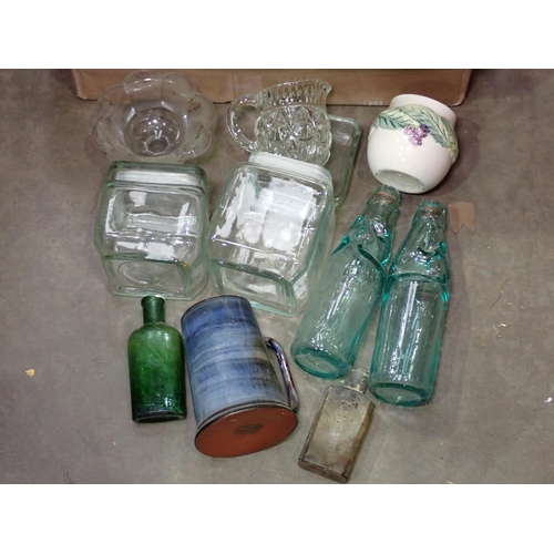 360 - Box of ceramics and glass including two Lemonade Bottles, Chemist's Bottles, Tureen and Cover, etc.