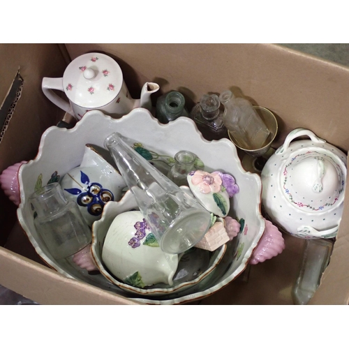 360 - Box of ceramics and glass including two Lemonade Bottles, Chemist's Bottles, Tureen and Cover, etc.