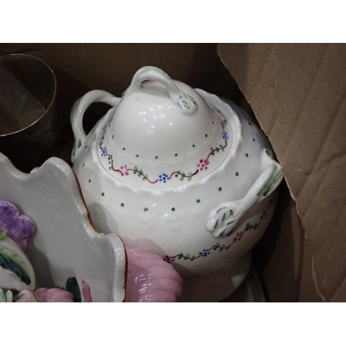 360 - Box of ceramics and glass including two Lemonade Bottles, Chemist's Bottles, Tureen and Cover, etc.