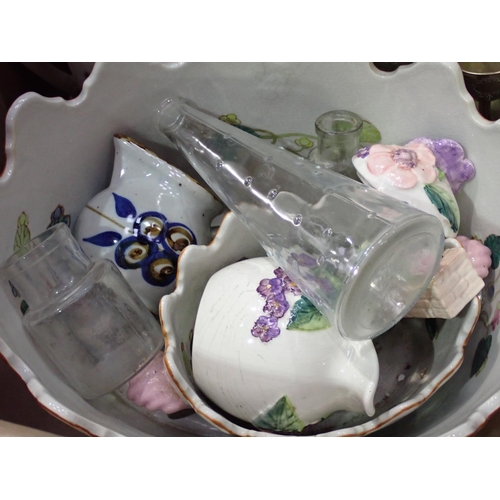 360 - Box of ceramics and glass including two Lemonade Bottles, Chemist's Bottles, Tureen and Cover, etc.