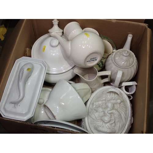 372 - Three boxes of Tureens, Jelly Moulds, glass Decanter, etc.