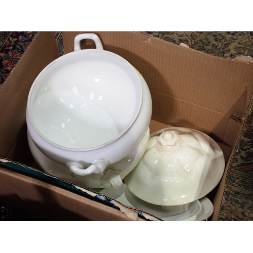 372 - Three boxes of Tureens, Jelly Moulds, glass Decanter, etc.