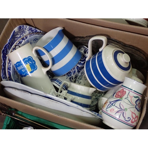 380 - Three boxes of ceramics and metal including Cornish ware, Meat Plates, Trivet Stands, Candelabra, Di... 