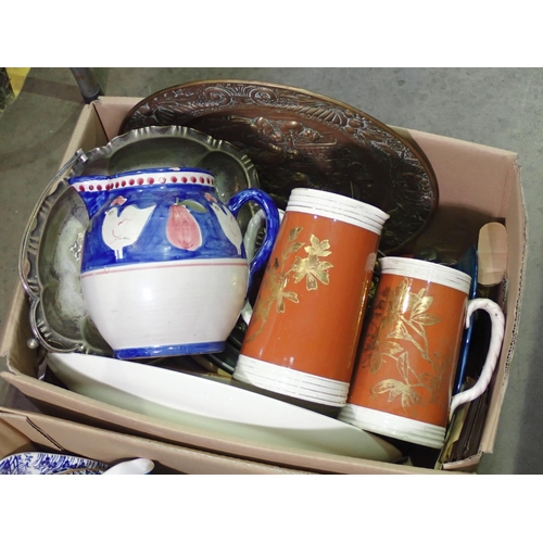 380 - Three boxes of ceramics and metal including Cornish ware, Meat Plates, Trivet Stands, Candelabra, Di... 