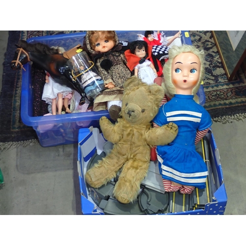 388 - Five boxes of Ornaments, Meat Plates, Souvenir Spoons, Musical House, Dishes, Teddy Bear and Doll, e... 