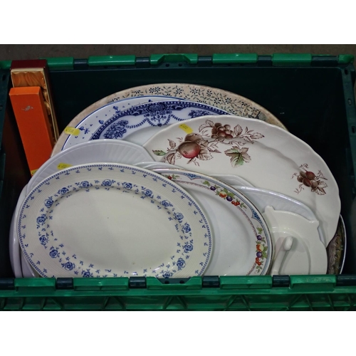 388 - Five boxes of Ornaments, Meat Plates, Souvenir Spoons, Musical House, Dishes, Teddy Bear and Doll, e... 