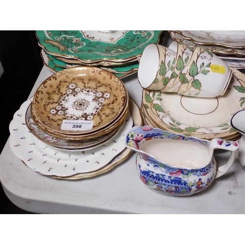 398 - A quantity of Tea Cups and Saucers, Side Plates, Jugs, blue glass Vase, etc.