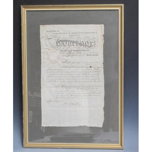 407 - A framed document from the Governor Andrew Gregg of Pennsylvania (USA)' in the name and by the autho... 