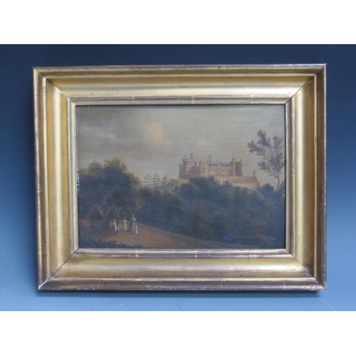 428 - ENGLISH SCHOOL, circa 1810. Figures on a Path, a view to Belvoir Castle beyond, oil on metal, 8 1/4 ... 