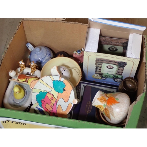 457 - Five boxes of China and miscellaneous items including Vase, Piggy Bank Candlesticks, etc.