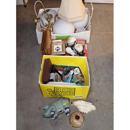 457 - Five boxes of China and miscellaneous items including Vase, Piggy Bank Candlesticks, etc.