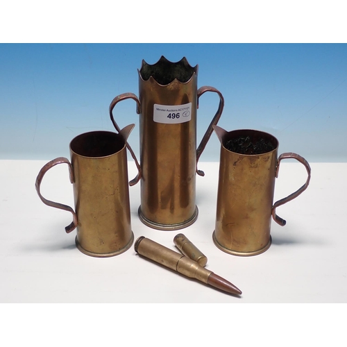 496 - Five pieces of Trench Art made from shell cases and rounds, including a Vase and two Jugs with faint... 