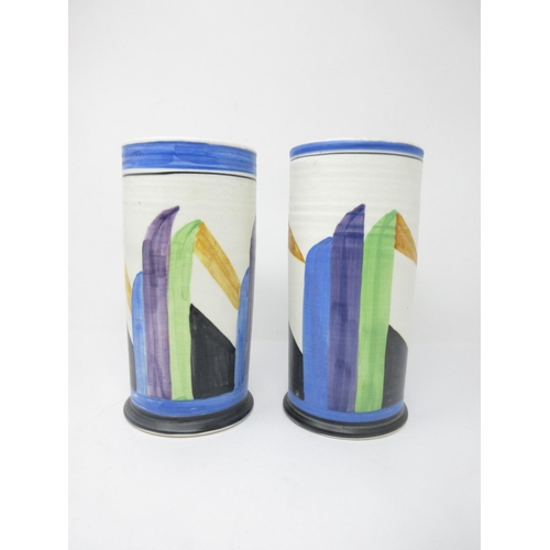 50 - A pair of Radford Art Deco cylindrical Vases painted stylised pattern in blue, green, purple, black,... 