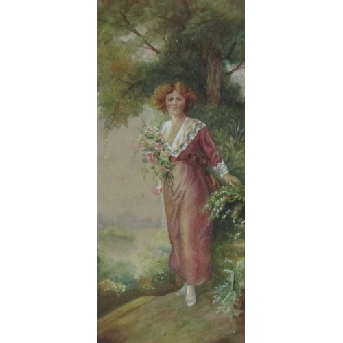 569A - Manner of Ernest Walbourne.The Farm Girl; and The Flower Girl watercolour , 10 1/2 x 4 1/2 in, a pai... 