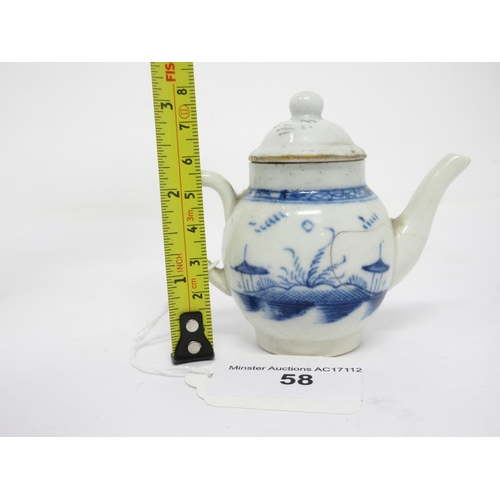 58 - An 18th Century English porcelain 'Toy' Teapot painted chinoiserie landscape, 2 1/2in, wrong lid and... 