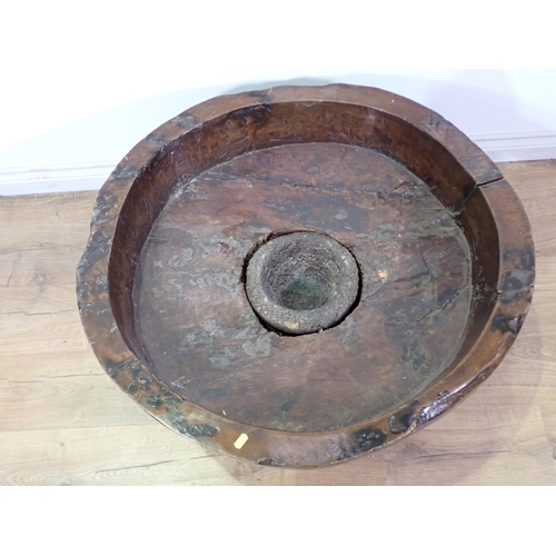 585 - A large floor standing antique turned wood Mortar with concrete central bowl 2ft 9in x 1ft 4in