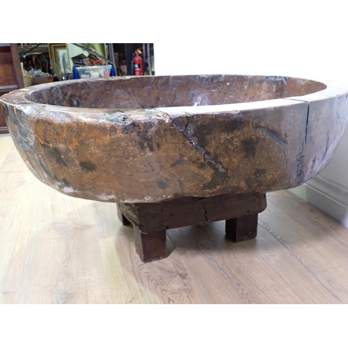 585 - A large floor standing antique turned wood Mortar with concrete central bowl 2ft 9in x 1ft 4in