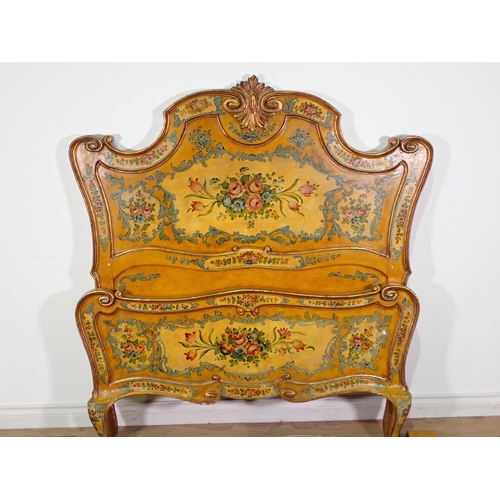 623 - A French yellow and floral painted single Bed 4ft 2in