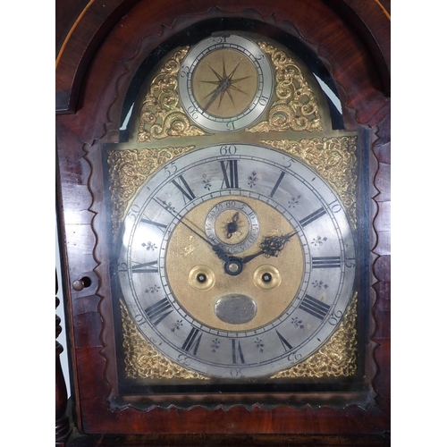 629 - A 19th Century mahogany and inlaid Longcase Clock with arched brass face and subsidiary dials by Rob... 