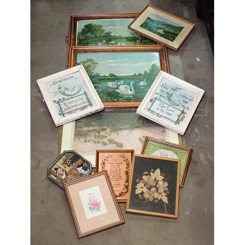 333 - Box of pictures, Prints and a Chinese floral embossed picture Frame