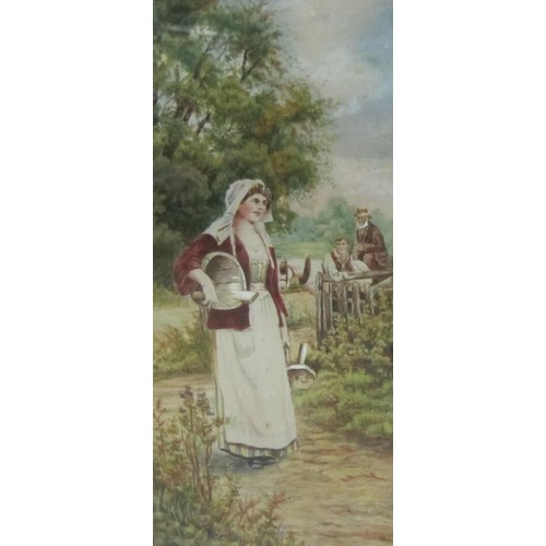 37 - MANNER OF ERNEST WALBOURNE.The Farm Girl; and The Flower Girl watercolour , 10 1/2 x 4 1/2 in, a pai... 