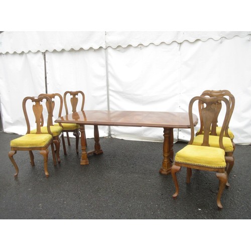 460 - A modern oak veneered extending Dining Table and six walnut Dining Chairs with yellow stuff over sea... 