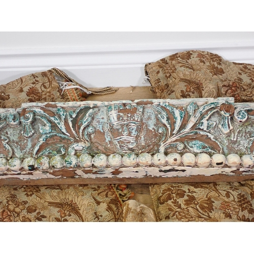 465 - A carved and painted Pelmet with leafage, mask and ball design 5ft W and a pair of floral embroidery... 